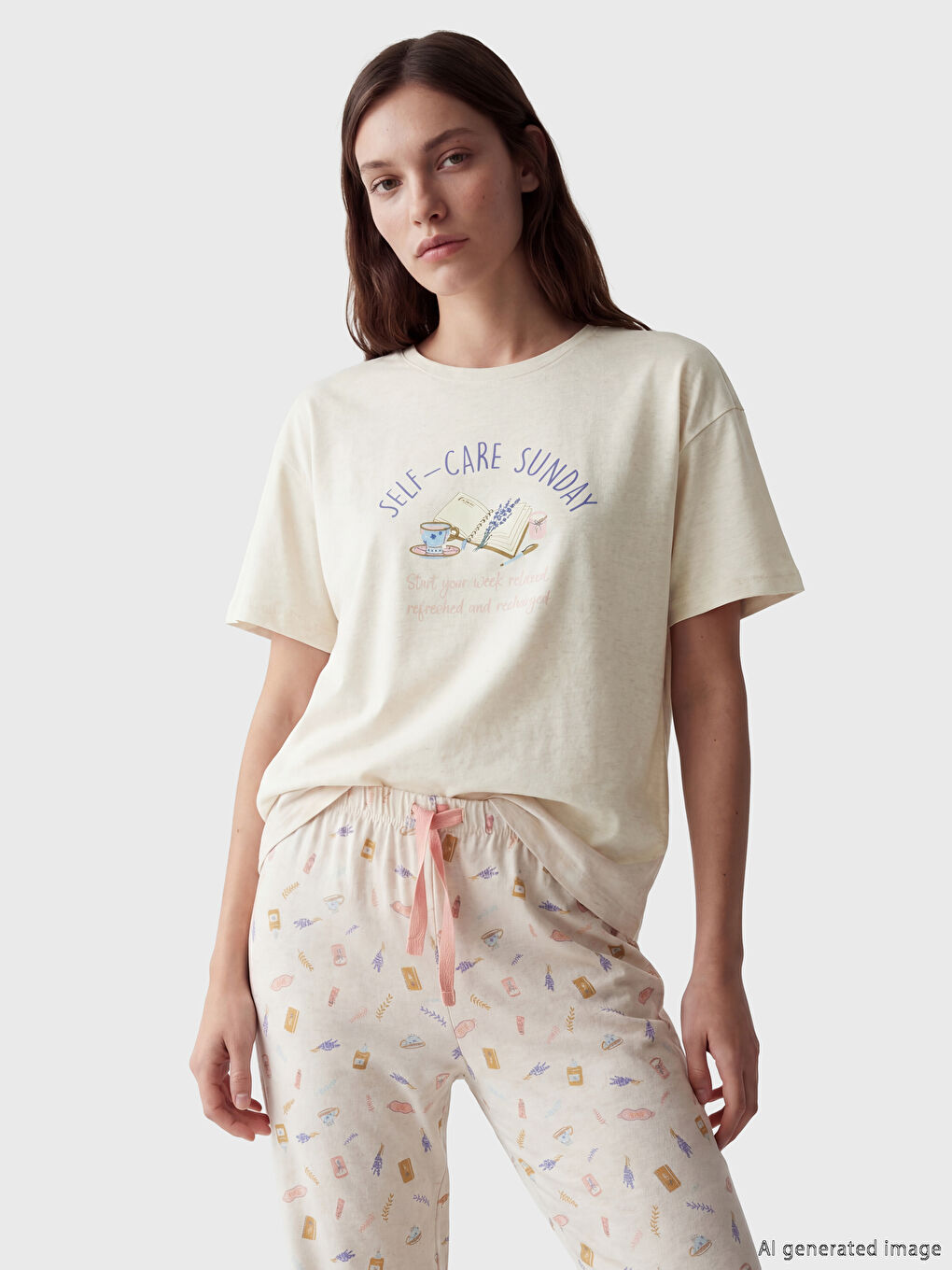 Bej Bisiklet Yaka Baskılı Kadın Pijama Takımı