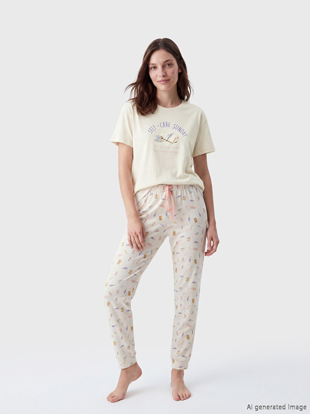 Bej Bisiklet Yaka Baskılı Kadın Pijama Takımı-1