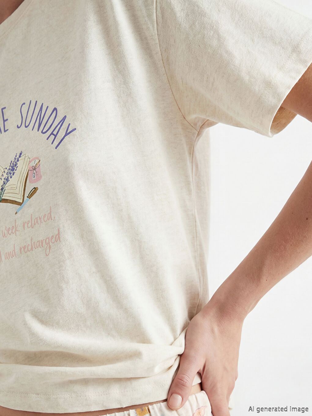 Bej Bisiklet Yaka Baskılı Kadın Pijama Takımı-2