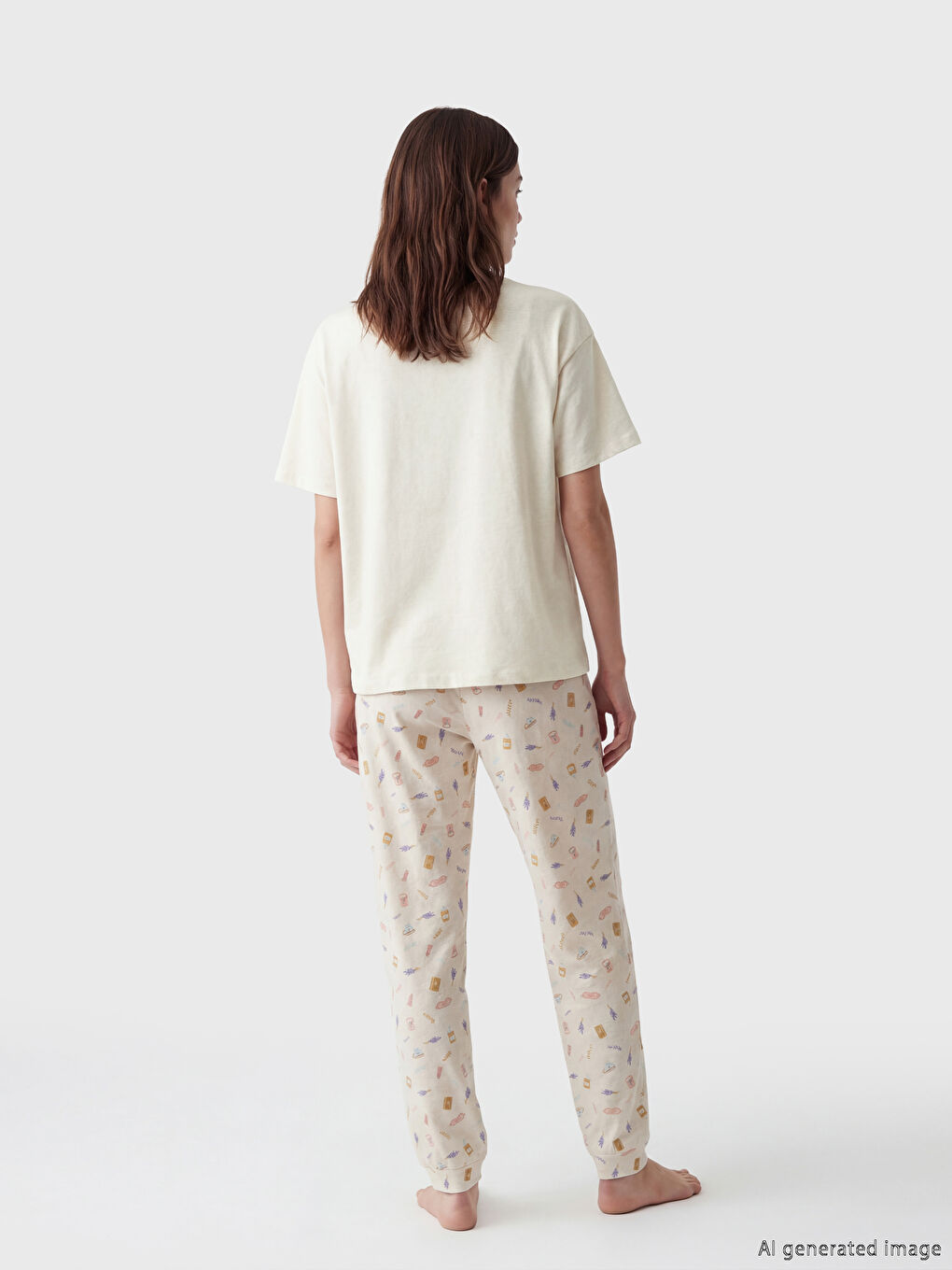 Bej Bisiklet Yaka Baskılı Kadın Pijama Takımı-3