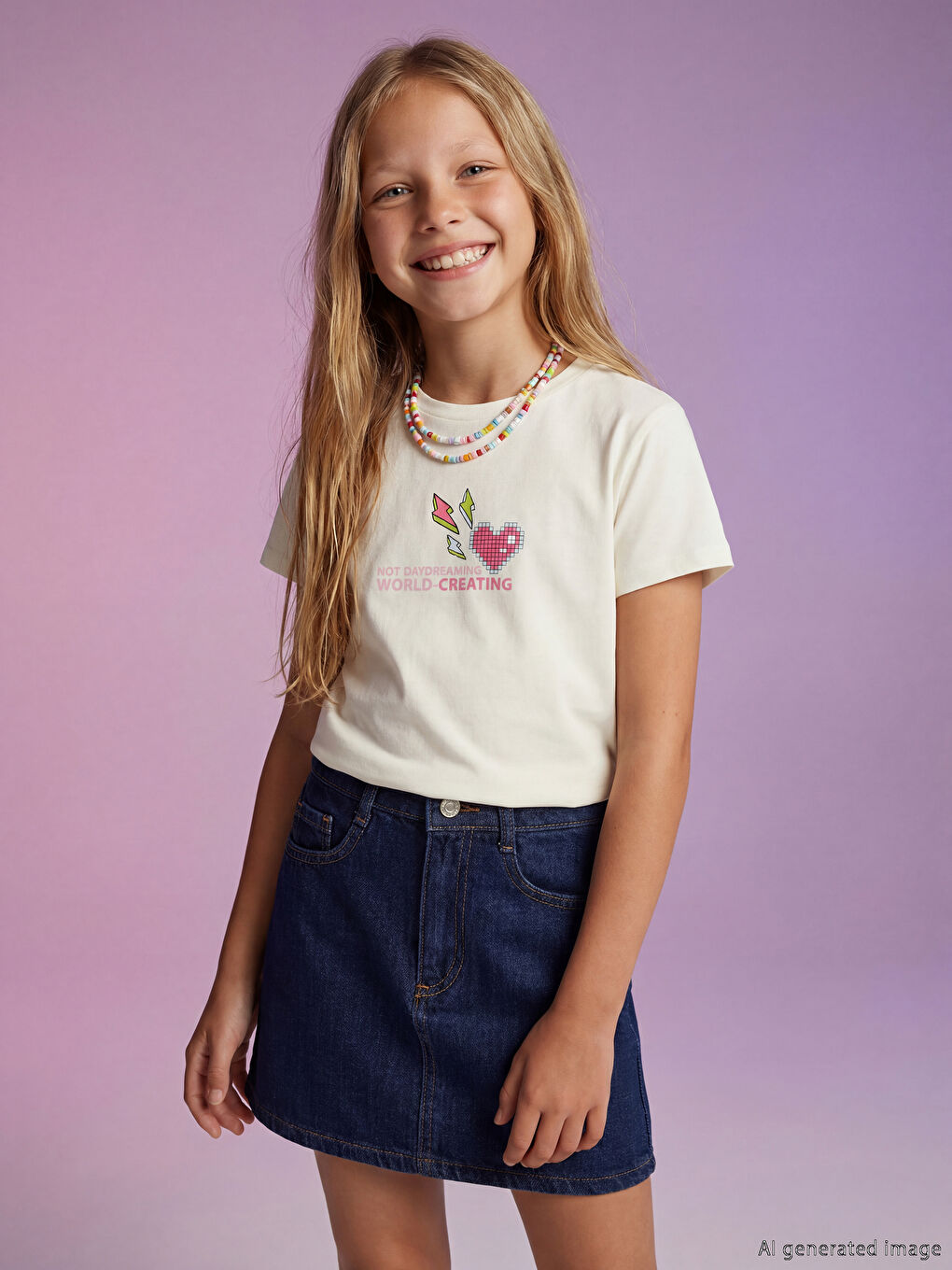 Beyaz Bisiklet Yaka Baskılı Kız Çocuk Tişört 2'li-1