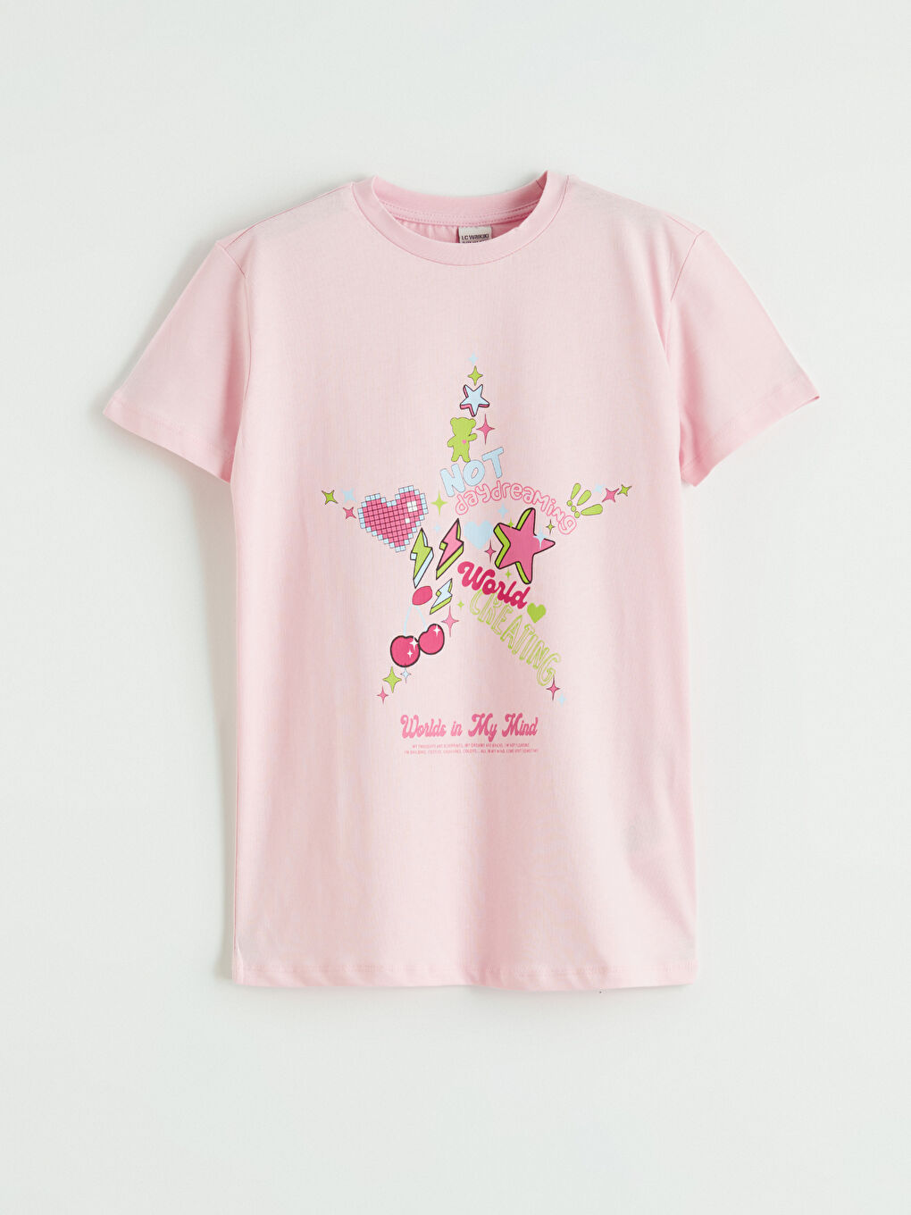 Beyaz Bisiklet Yaka Baskılı Kız Çocuk Tişört 2'li-4