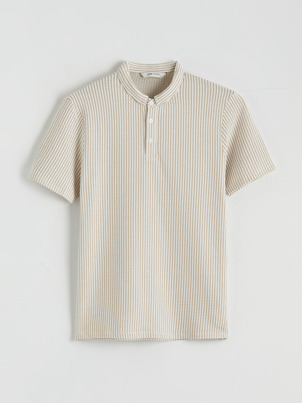 Bej Hakim Yaka Çizgili Erkek Tişört-4