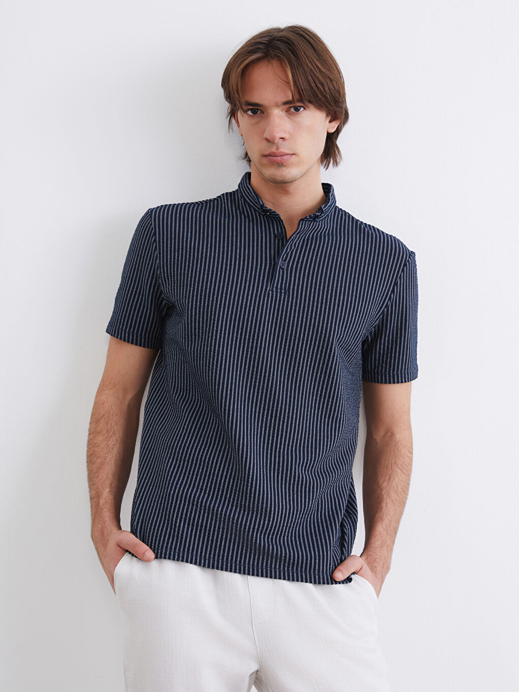 Men's Striped Mandarin Collar T-Shirt