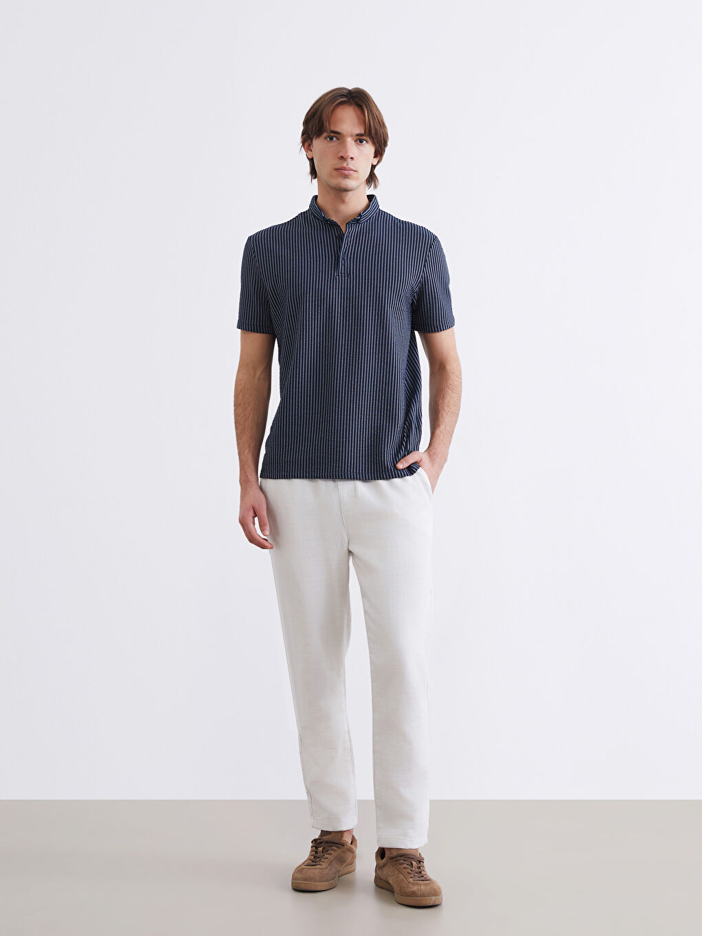 Men's Striped Mandarin Collar T-Shirt-1