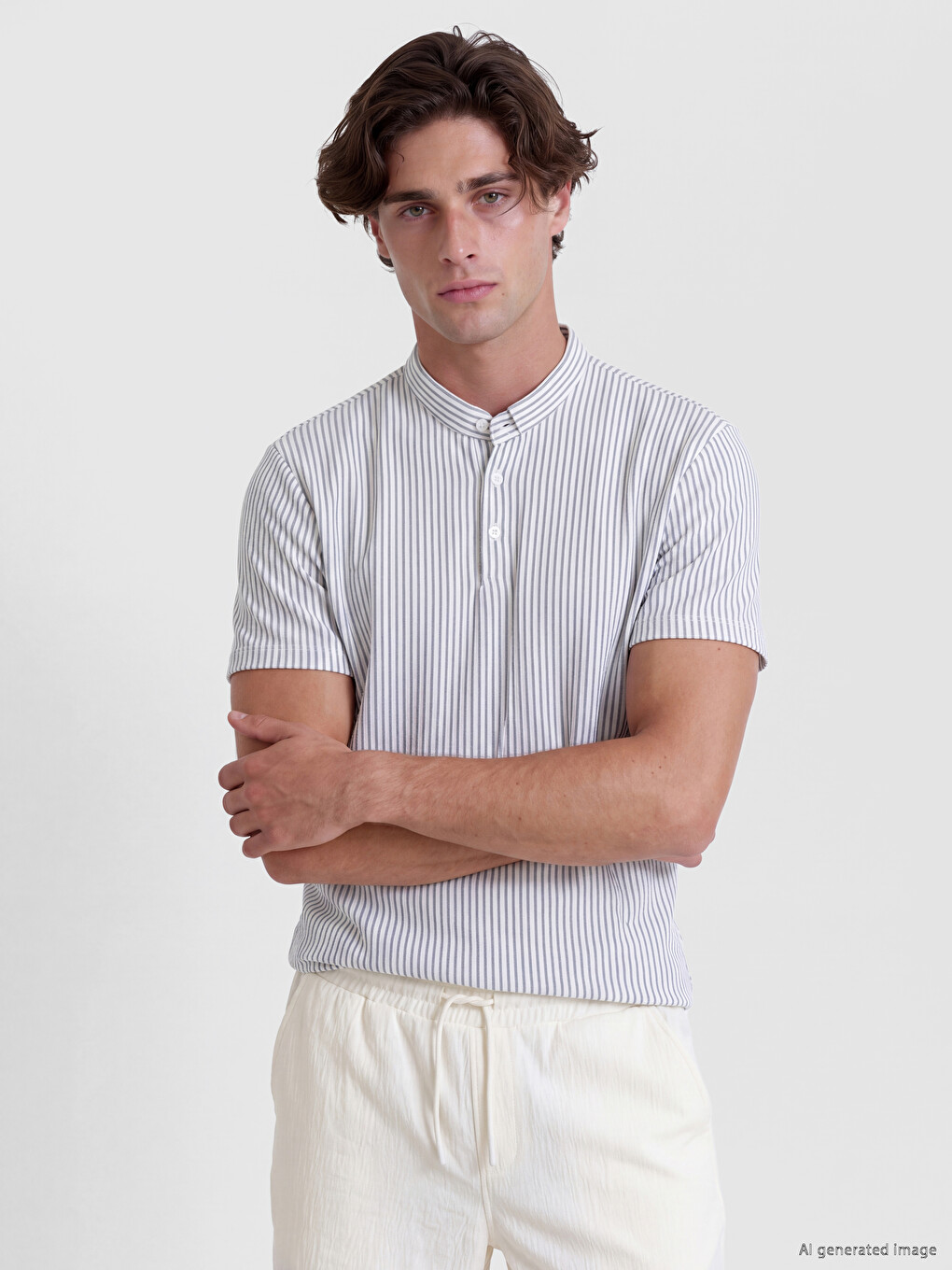 Men's Striped Mandarin Collar T-shirt
