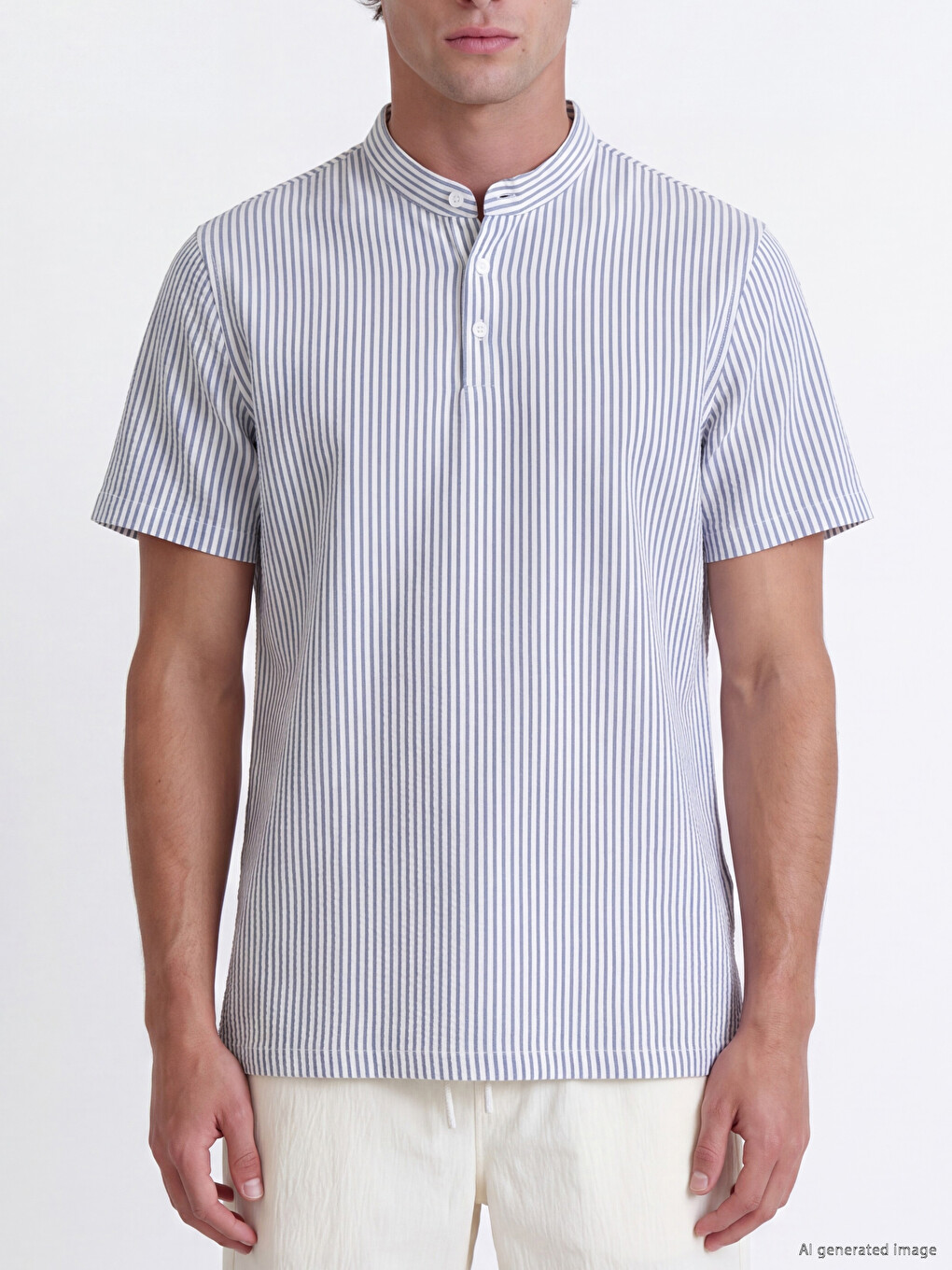 Men's Striped Mandarin Collar T-shirt-2