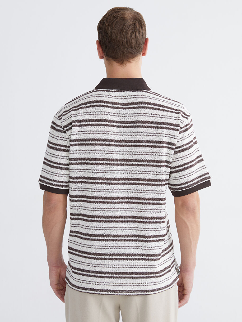 Kahverengi Polo Yaka Çizgili Penye Erkek Tişört-3