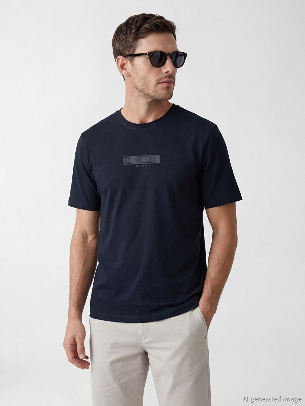 Lacivert Bisiklet Yaka Baskılı Erkek Penye Tişört