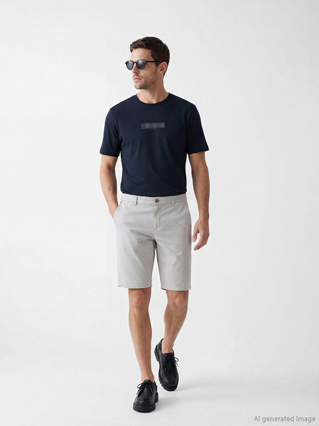 Lacivert Bisiklet Yaka Baskılı Erkek Penye Tişört-1