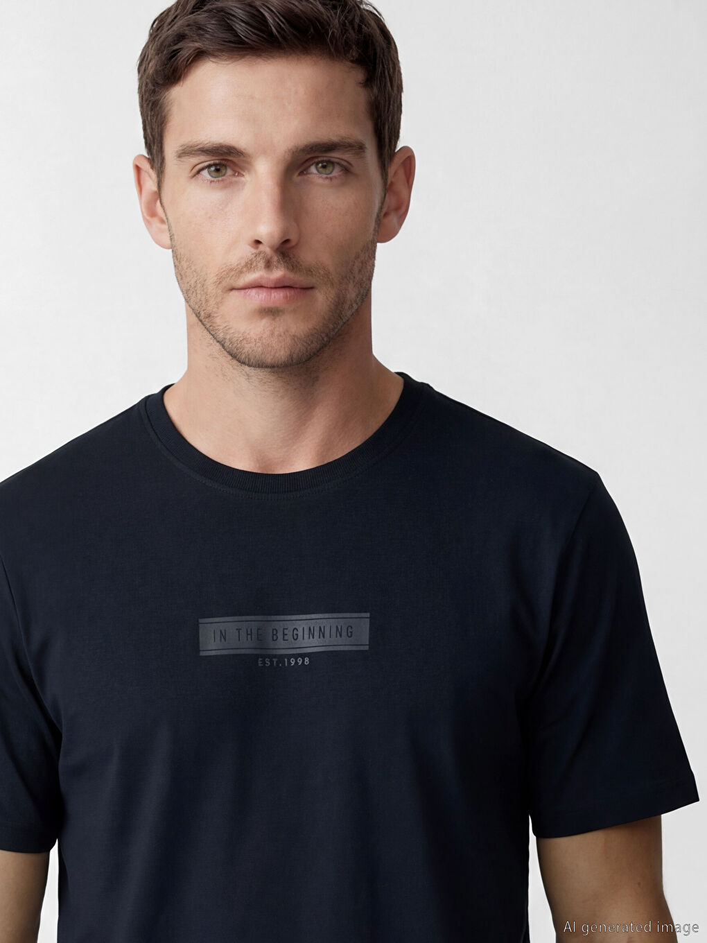 Lacivert Bisiklet Yaka Baskılı Erkek Penye Tişört-2