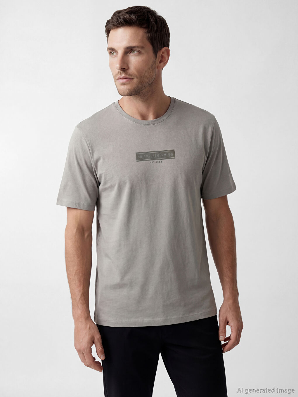 Gri Bisiklet Yaka Baskılı Erkek Penye Tişört