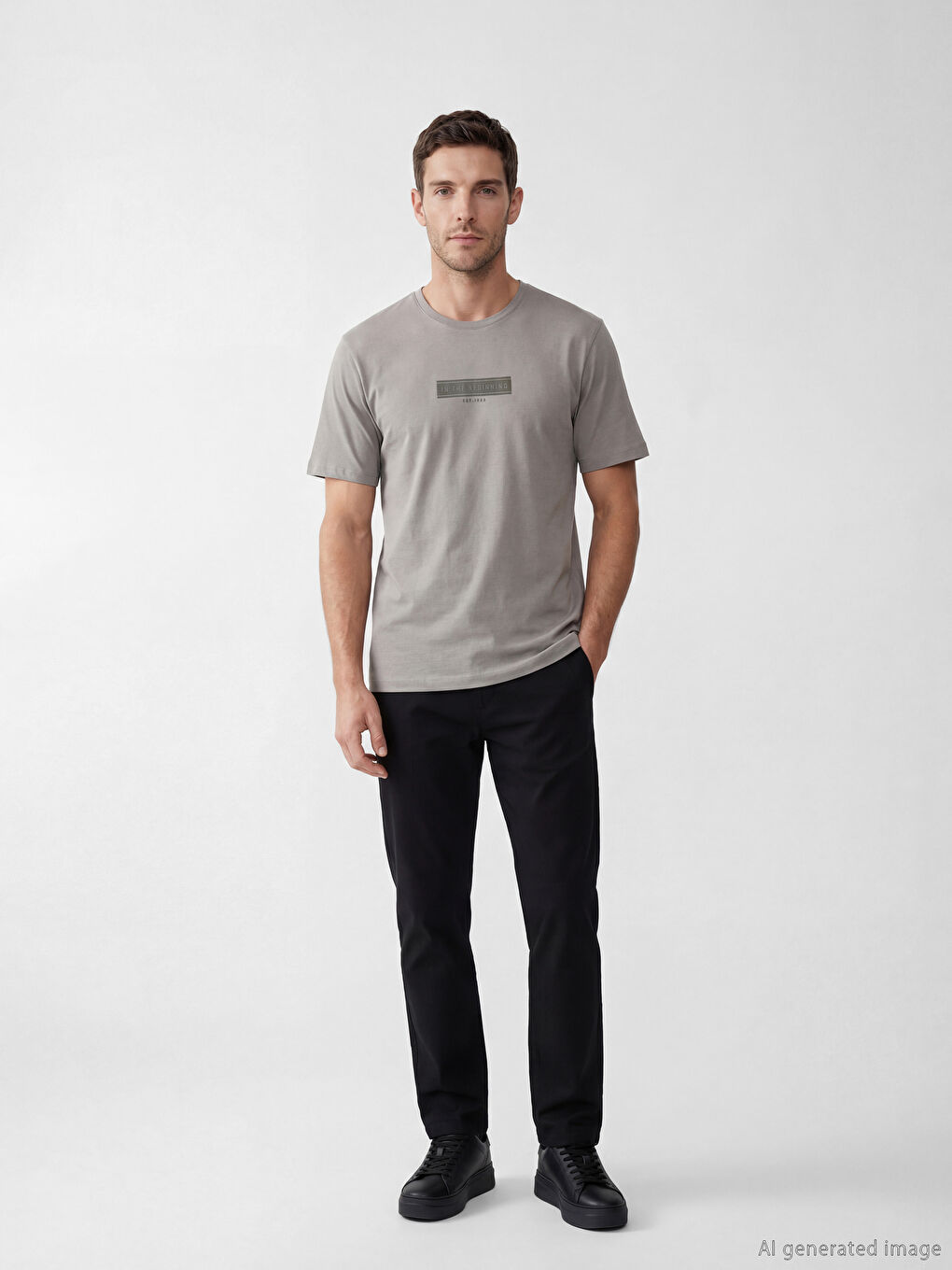 Gri Bisiklet Yaka Baskılı Erkek Penye Tişört-1