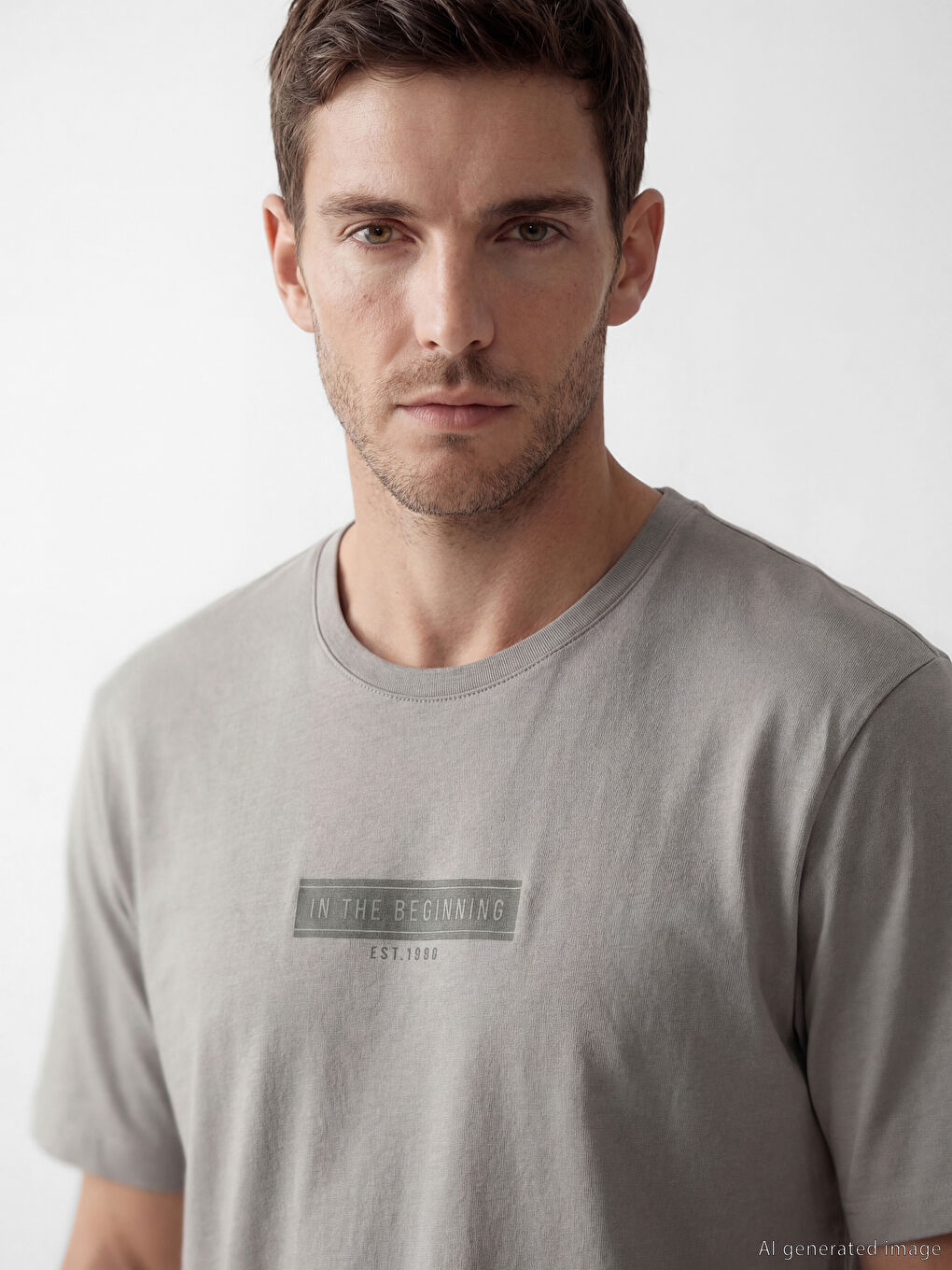 Gri Bisiklet Yaka Baskılı Erkek Penye Tişört-2