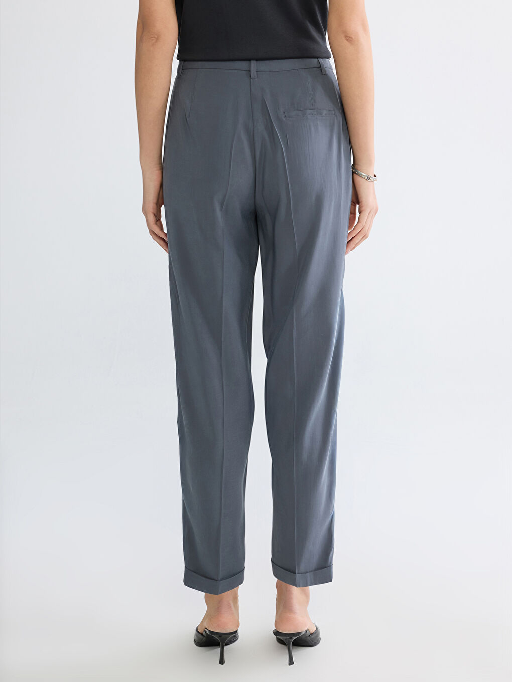 Pantaloni țigareta din material plisat cu talie înaltă pentru femei-3