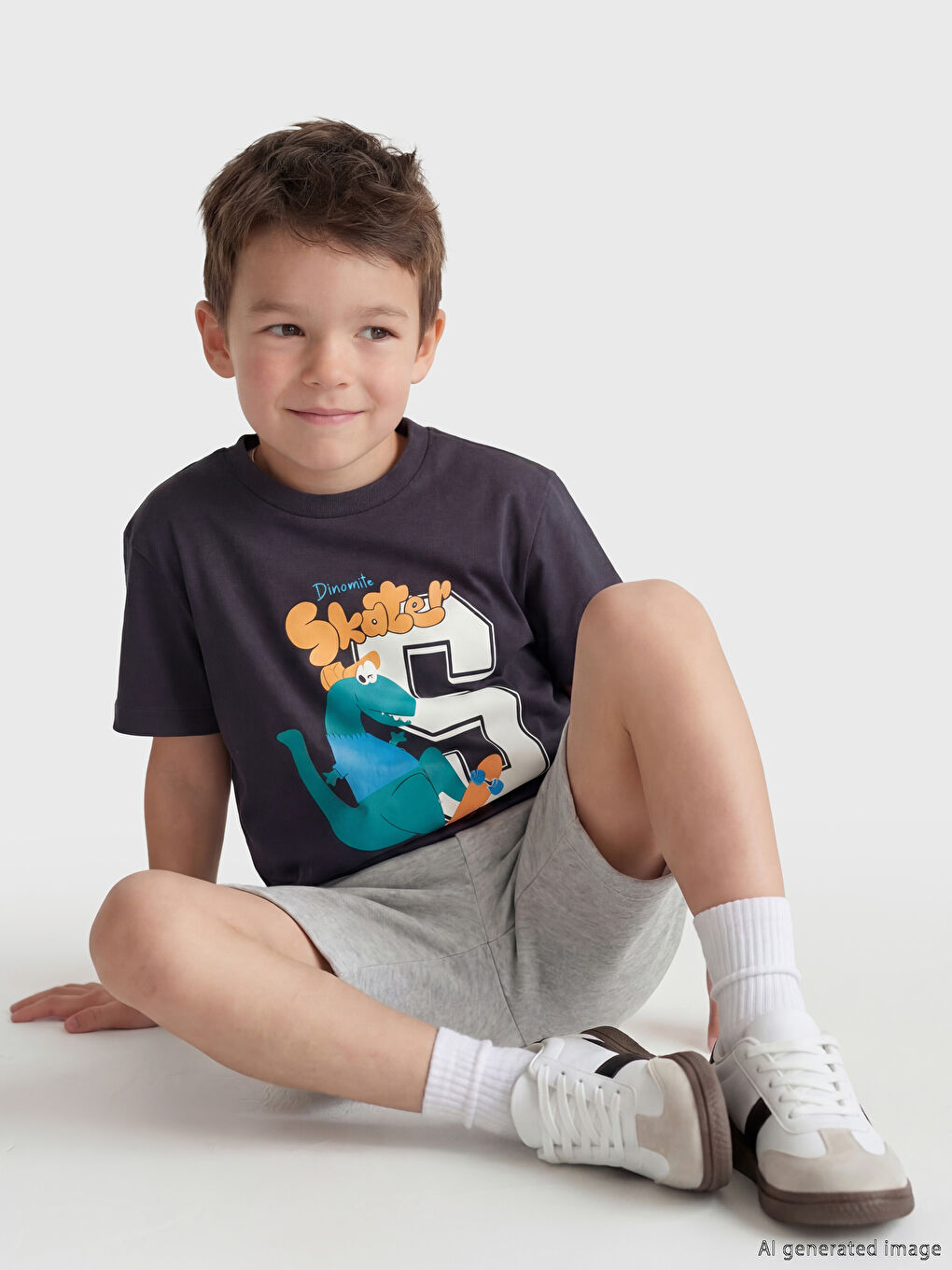 Lacivert Dinozor Baskılı Erkek Çocuk Penye Tişört