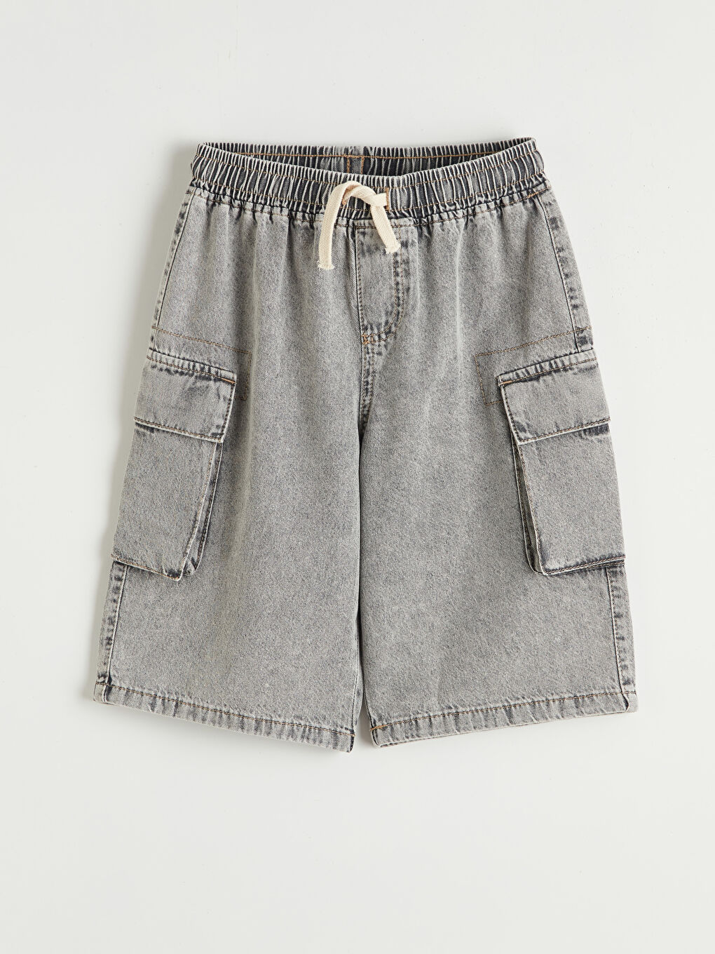 Gri Beli Lastikli Erkek Çocuk Kargo Jean Şort