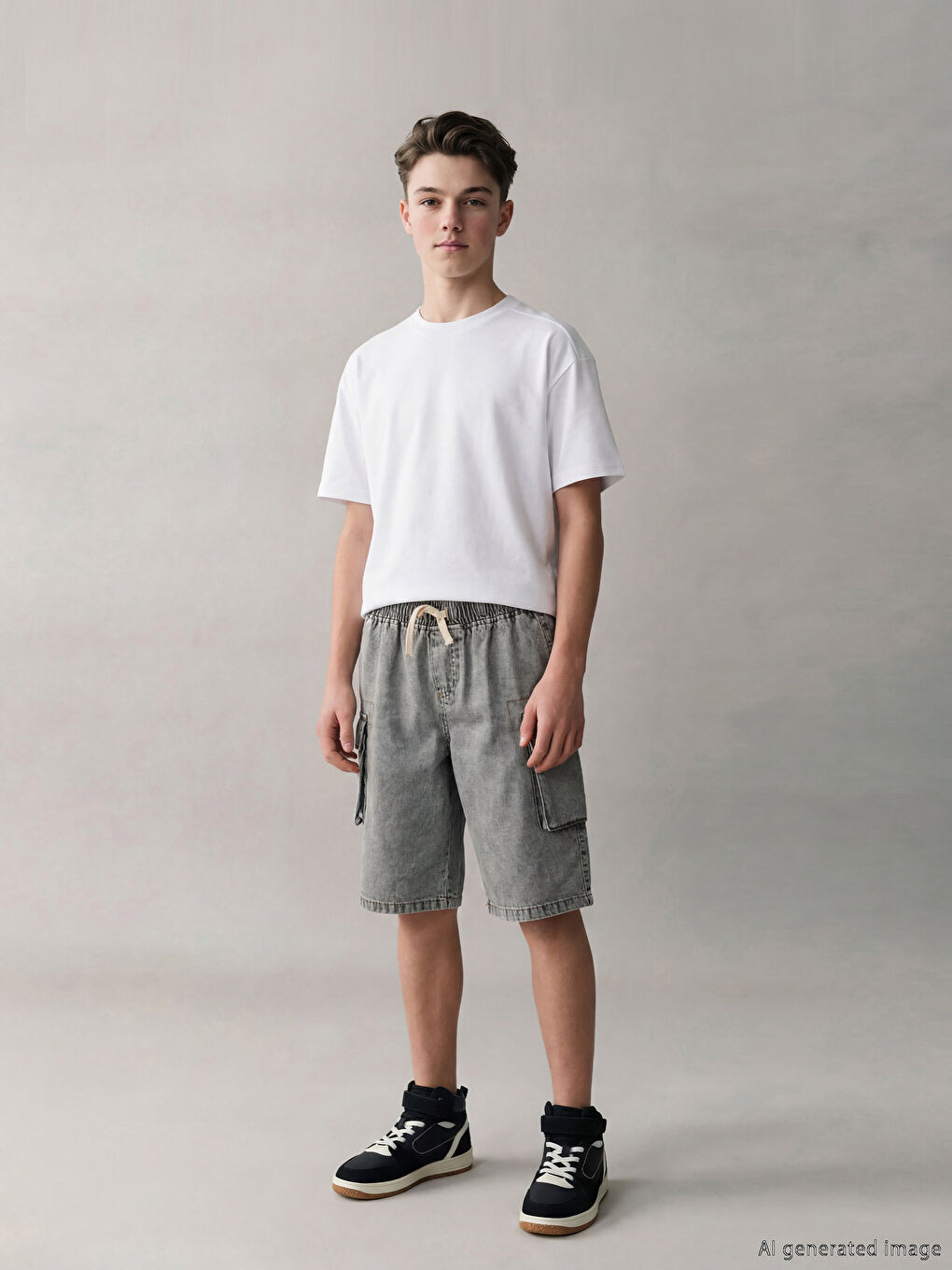 Gri Beli Lastikli Erkek Çocuk Kargo Jean Şort