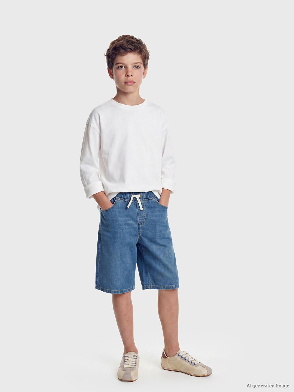 İndigo Beli Lastikli Erkek Çocuk Jean Şort-1