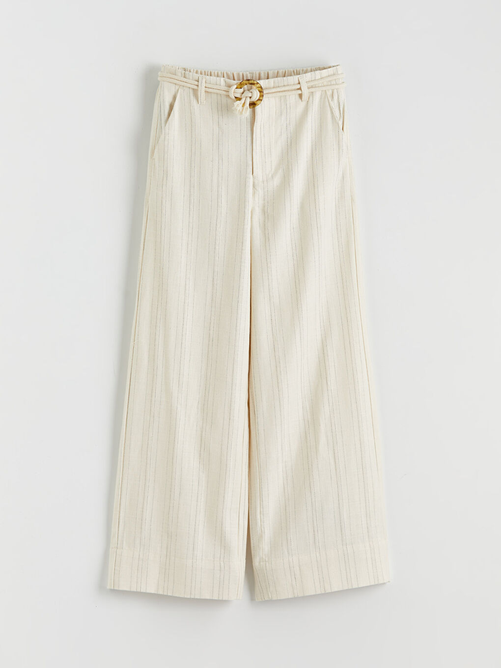 Ekru Beli Lastikli Çizgili Kız Çocuk Pantolon