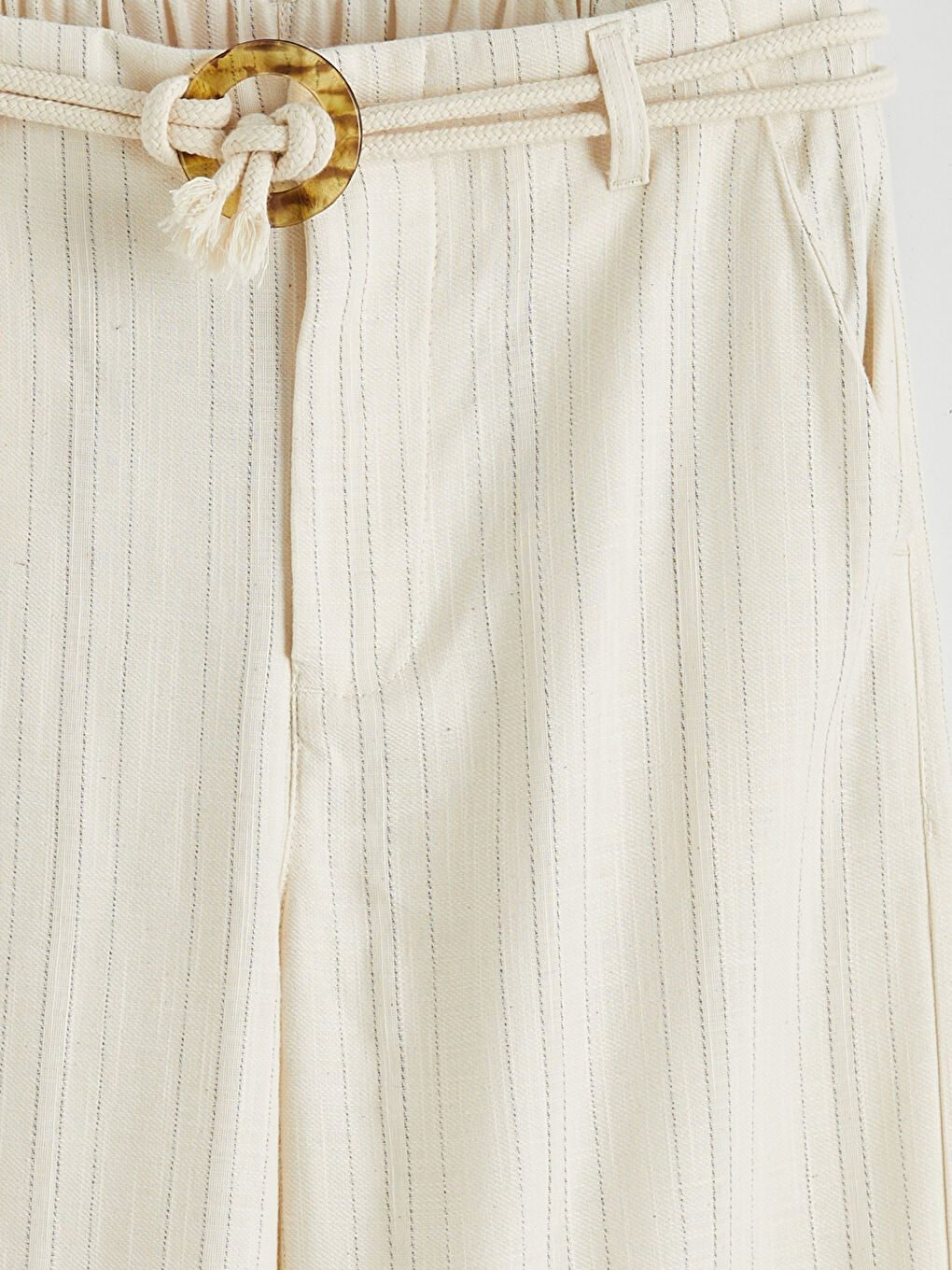 Ekru Beli Lastikli Çizgili Kız Çocuk Pantolon-2