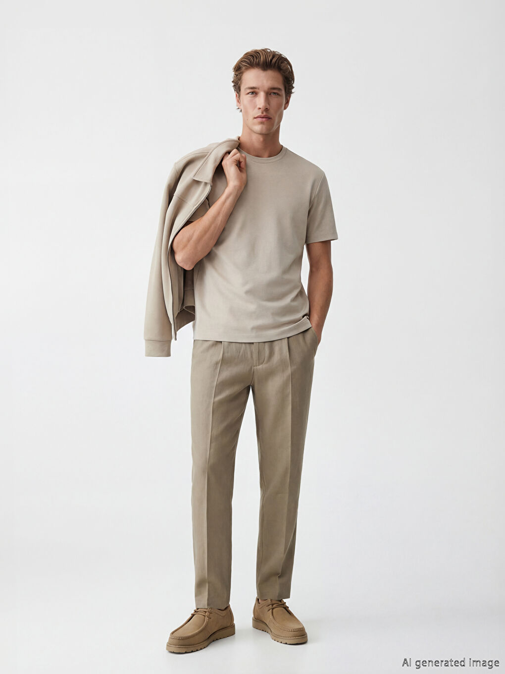 Bej Bisiklet Yaka Erkek Tişört-1