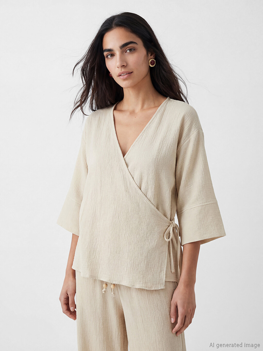 Double Breasted Collar Women's Muslin Kimono