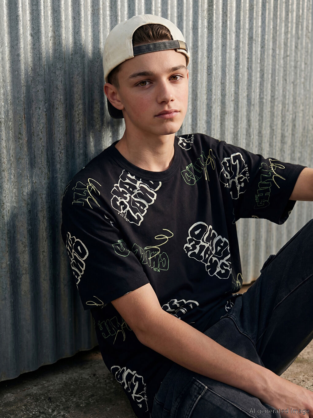 Siyah Baskılı Bisiklet Yaka Erkek Çocuk Tişört-1