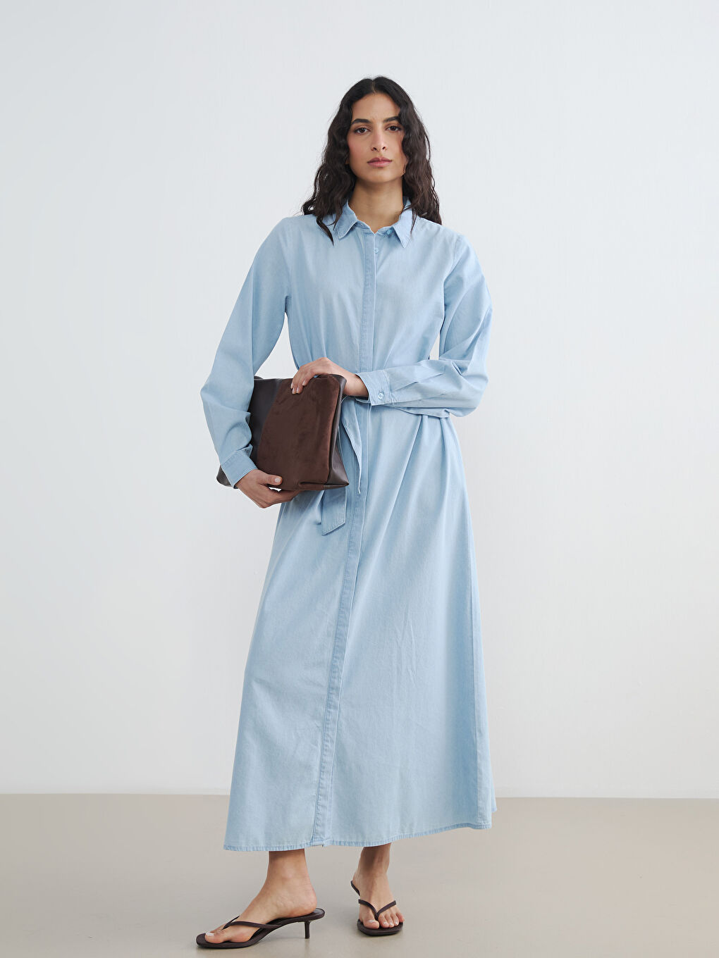 Collared Neck Belted Denim Dress
