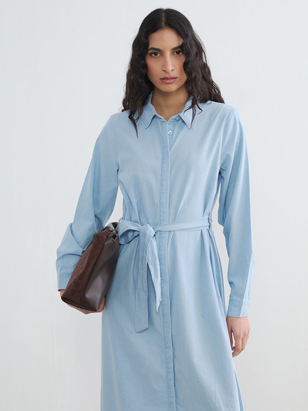 Collared Neck Belted Denim Dress-1