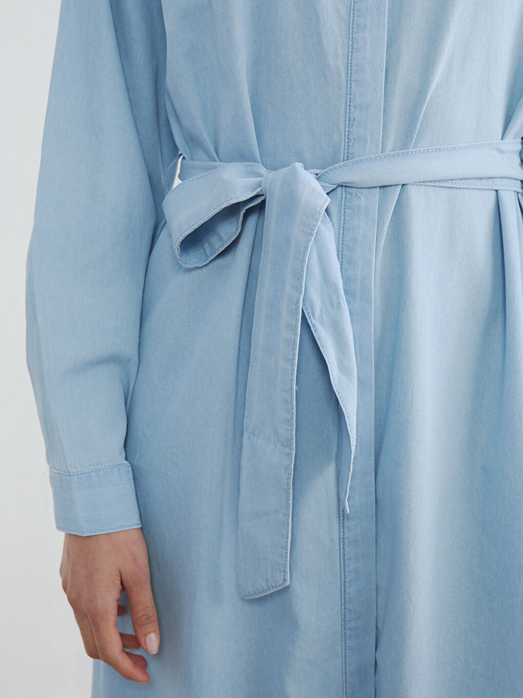 Collared Neck Belted Denim Dress-2