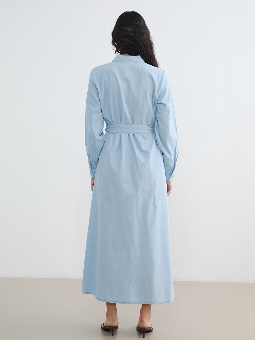 Collared Neck Belted Denim Dress-3