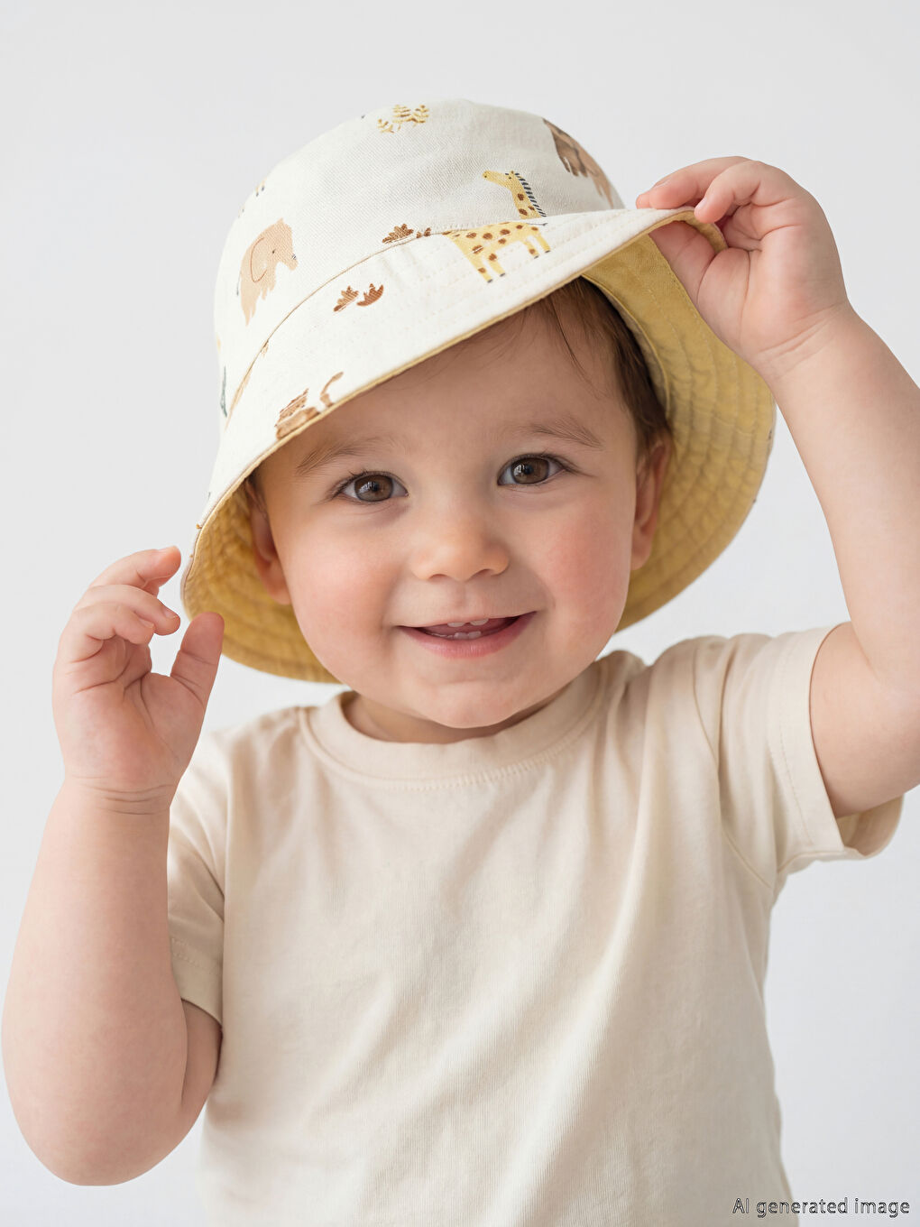 Ekru Çift Taraflı Erkek Bebek Bucket Şapka-1