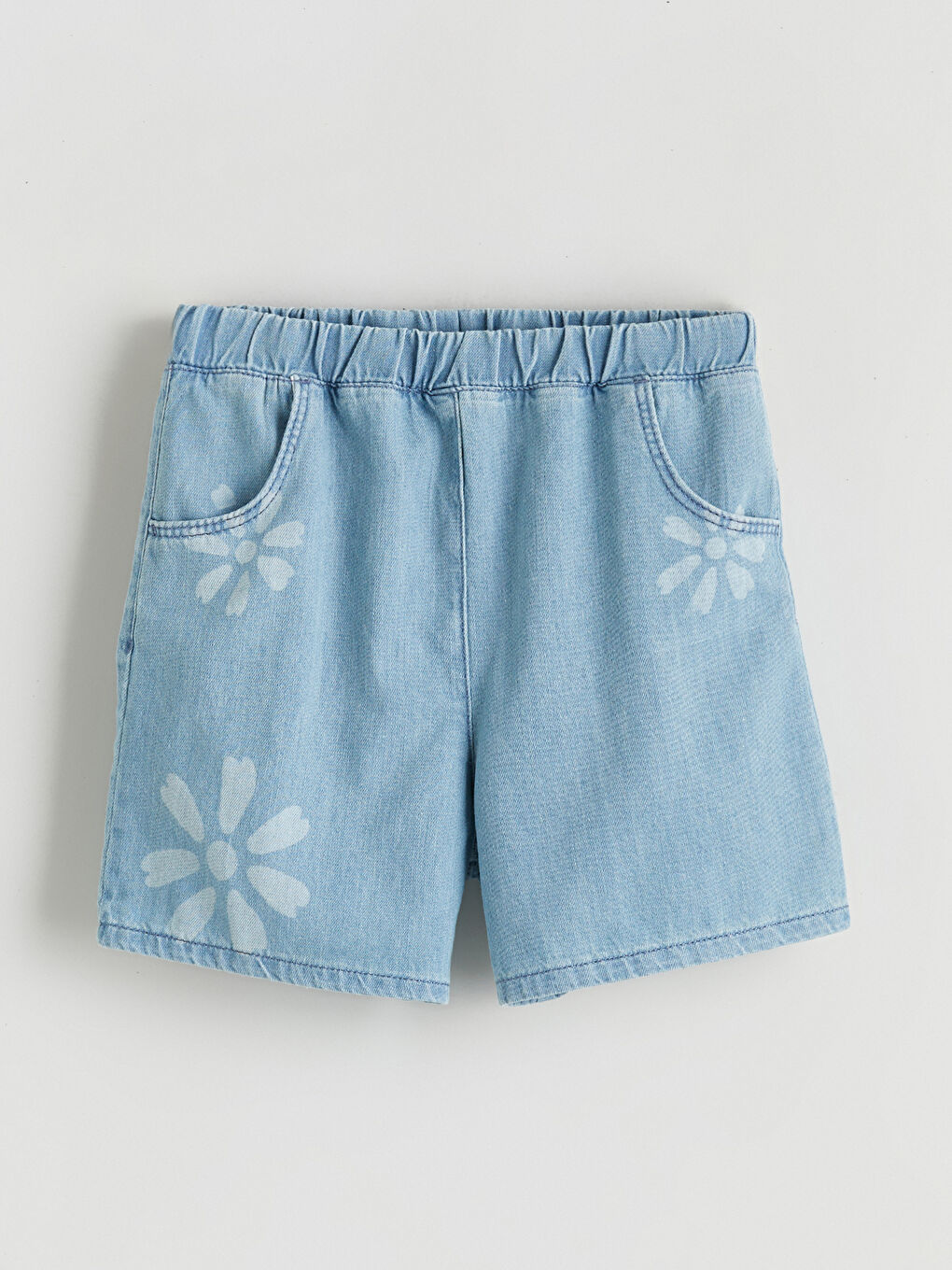 İndigo Beli Lastikli Çiçek Baskılı Kız Çocuk Jean Şort