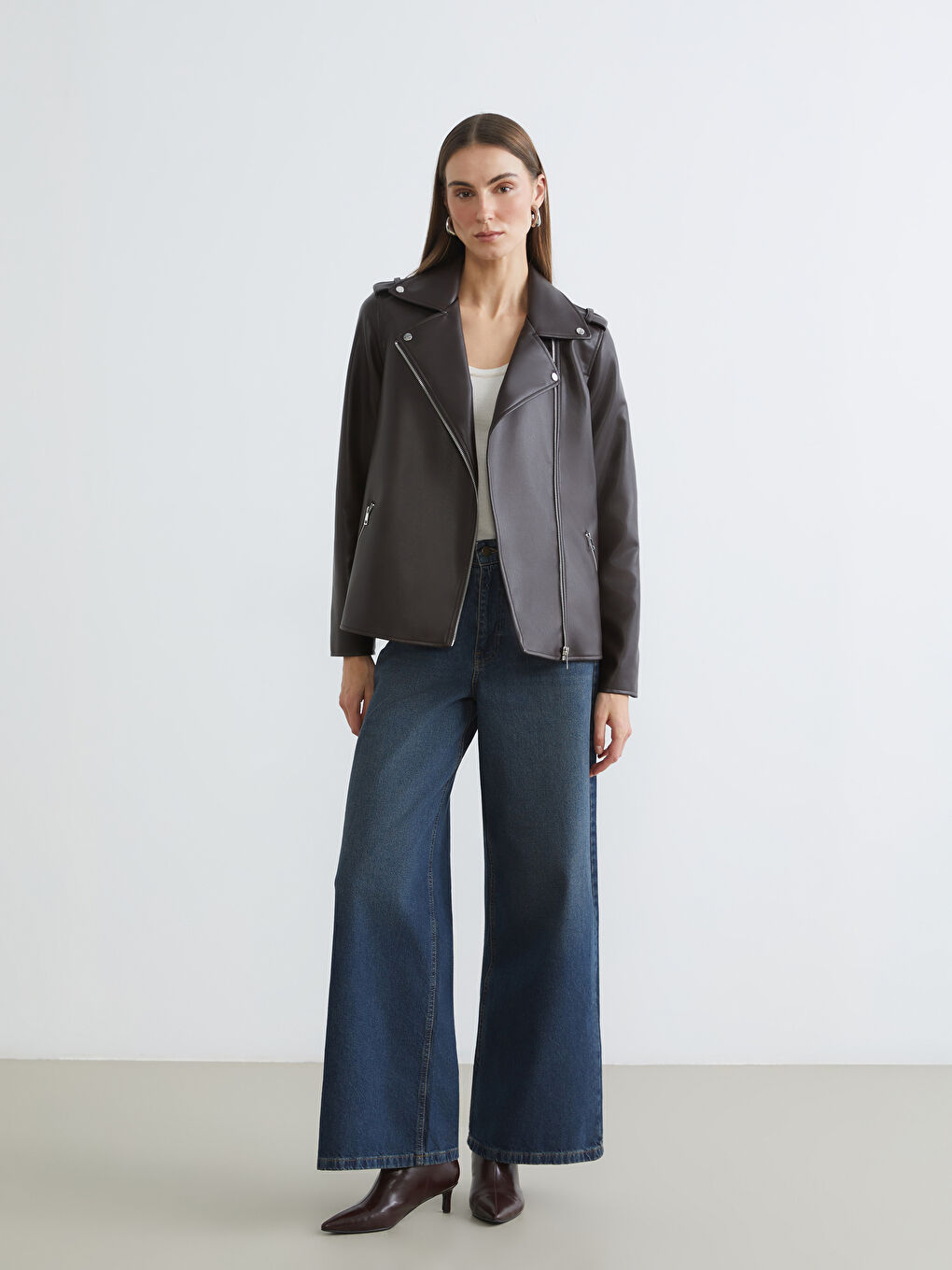 Woman BROWN Faux Leather Jacket-1