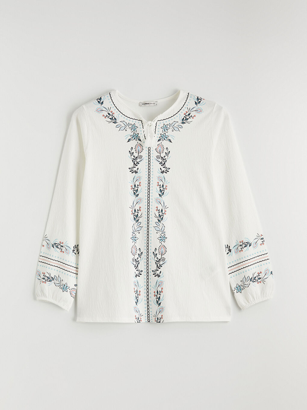 Ekru Bağlamalı Yaka Çiçekli Bluz