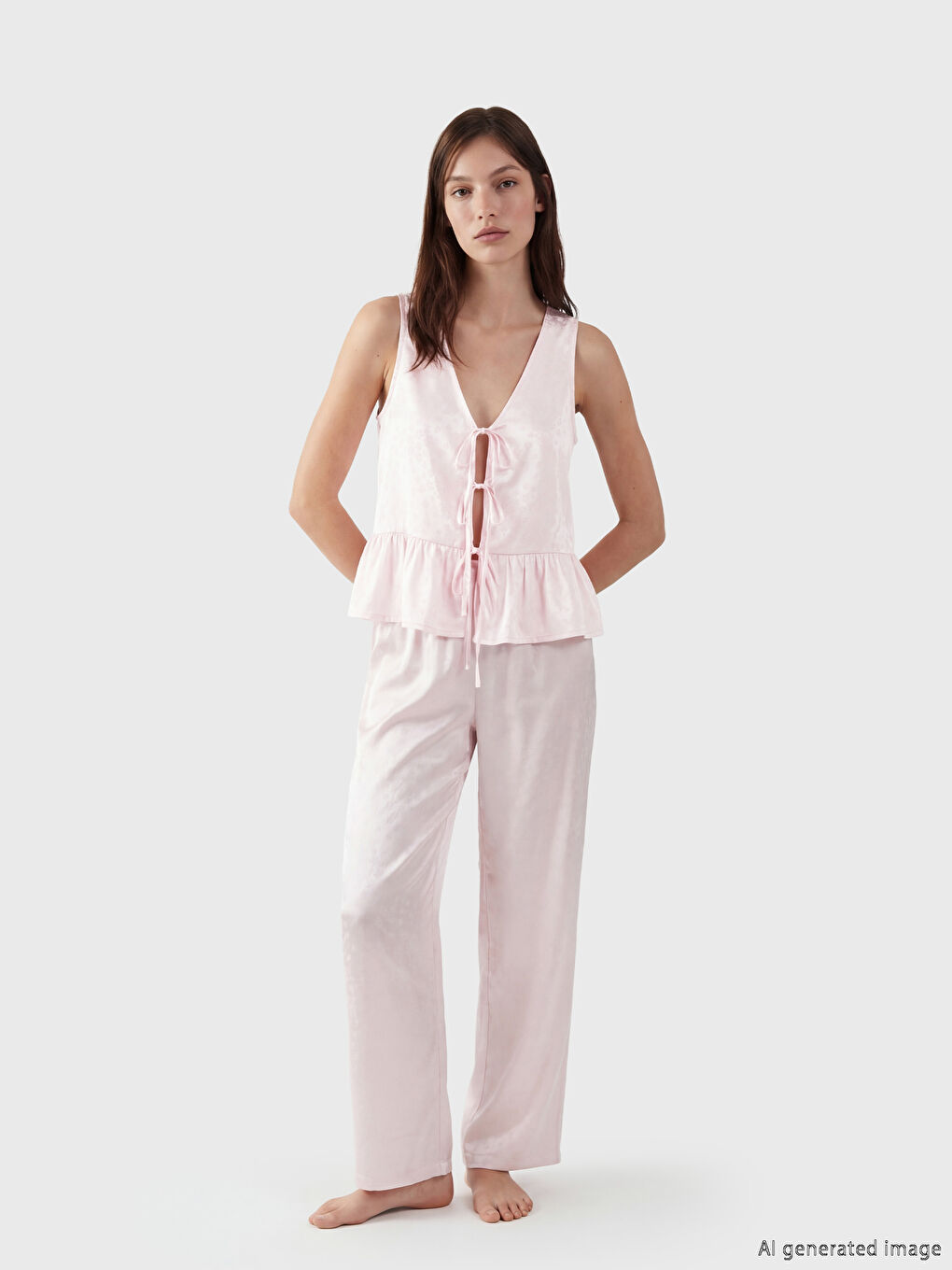 Pembe Desenli Kadın Saten Pijama Takımı