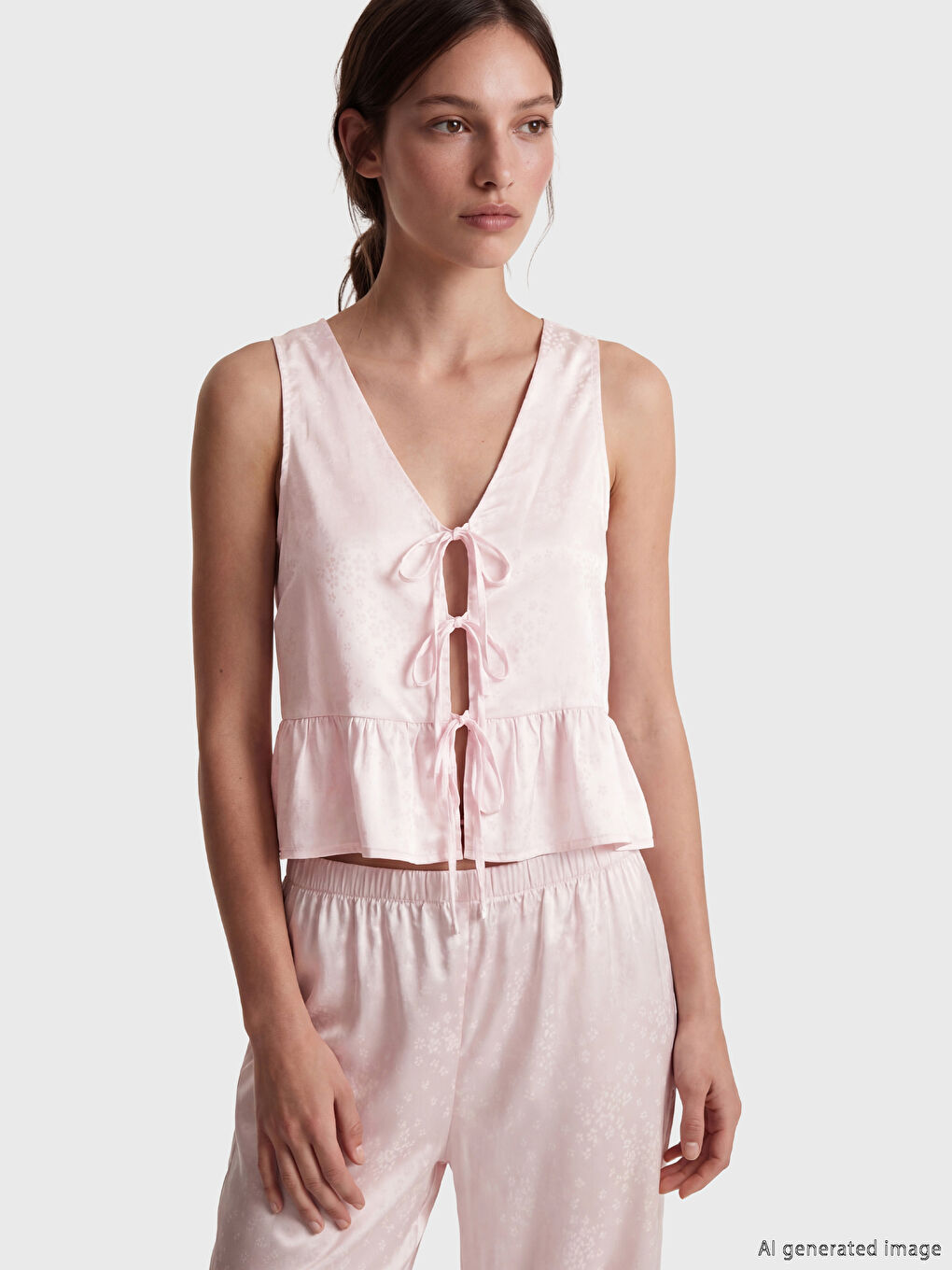 Pembe Desenli Kadın Saten Pijama Takımı-1