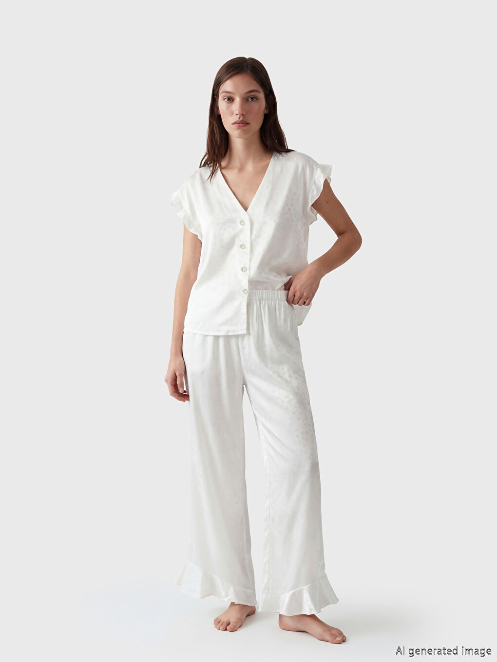 Beyaz Desenli Kadın Saten Pijama Takım