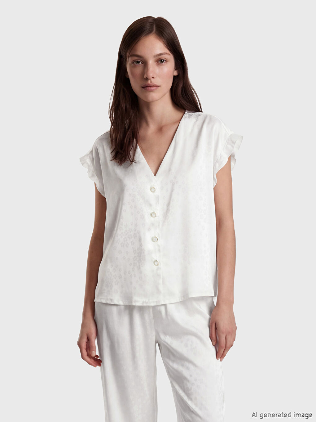 Beyaz Desenli Kadın Saten Pijama Takım-1