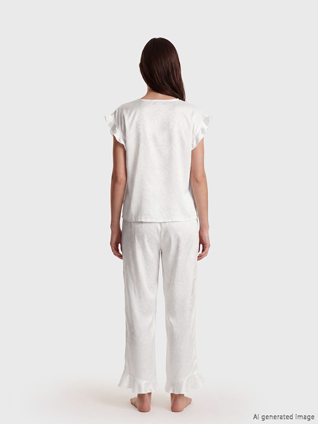 Beyaz Desenli Kadın Saten Pijama Takım-3