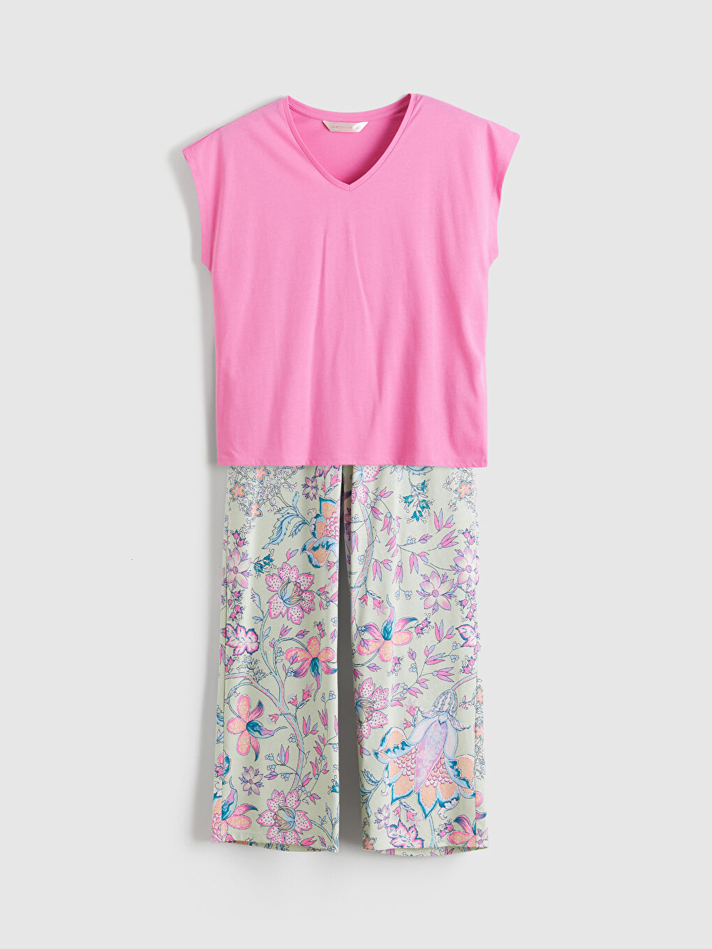 Yeşil V Yaka Çiçekli Kadın Kaprili Pijama Takımı-4