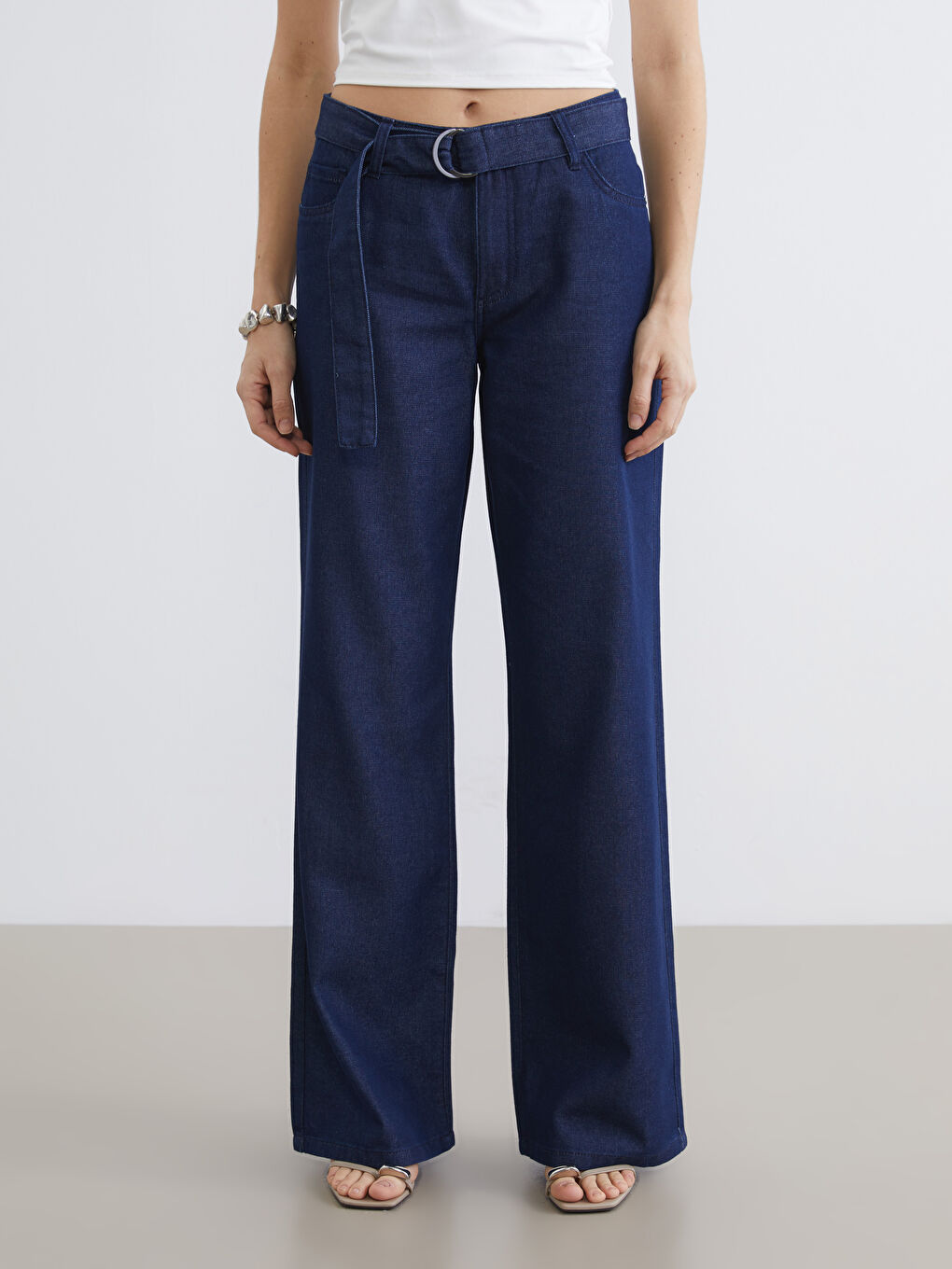 Farmerke sa pojasom visokog struka širokih nogavica za žene-1