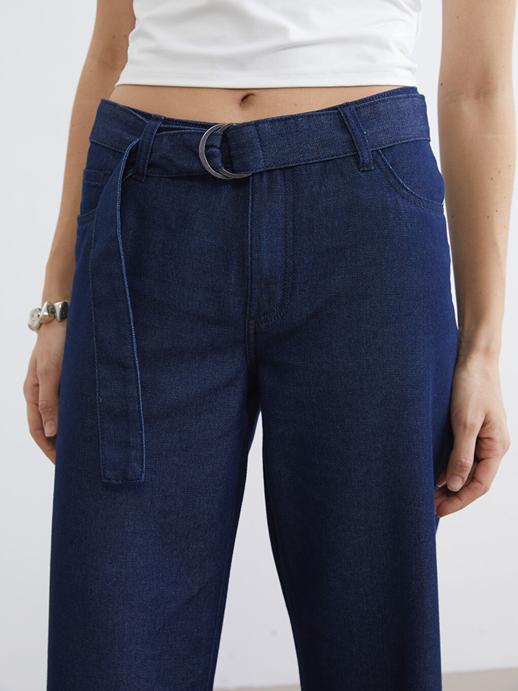 Farmerke sa pojasom visokog struka širokih nogavica za žene-2