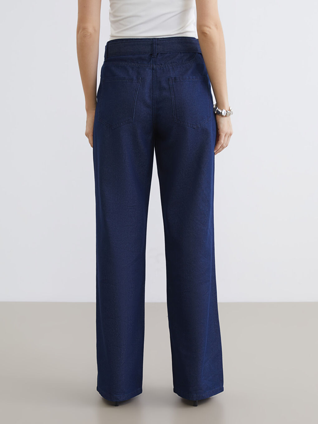 Farmerke sa pojasom visokog struka širokih nogavica za žene-3