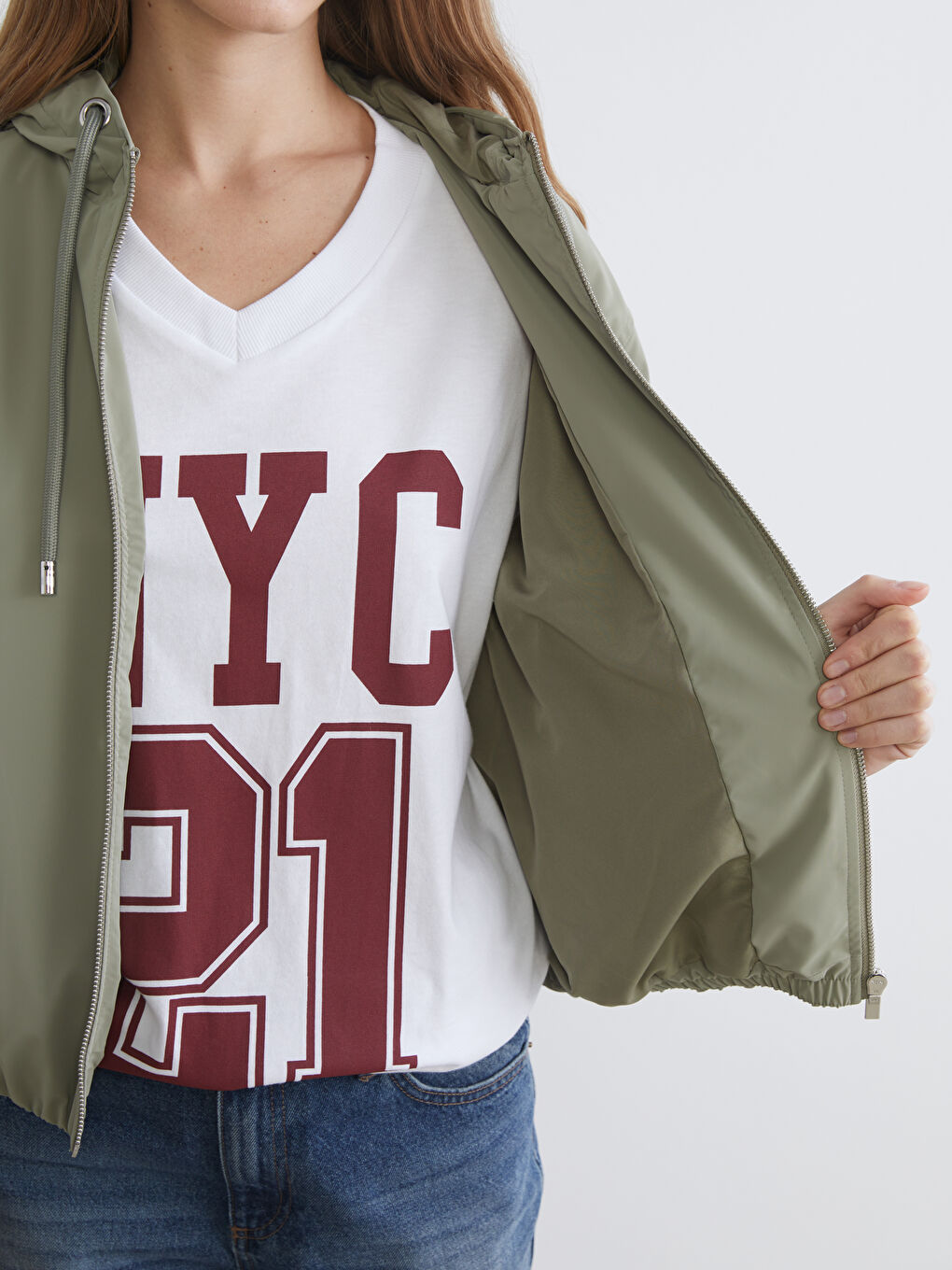 Haki Kapüşonlu Oversize Kadın Yağmurluk	-3