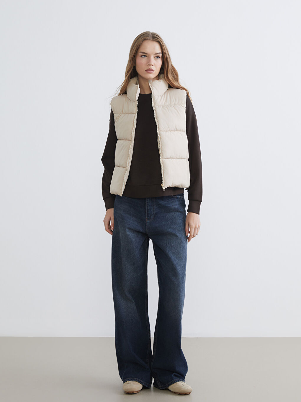 Bej Dik Yaka Kadın Şişme Yelek-1