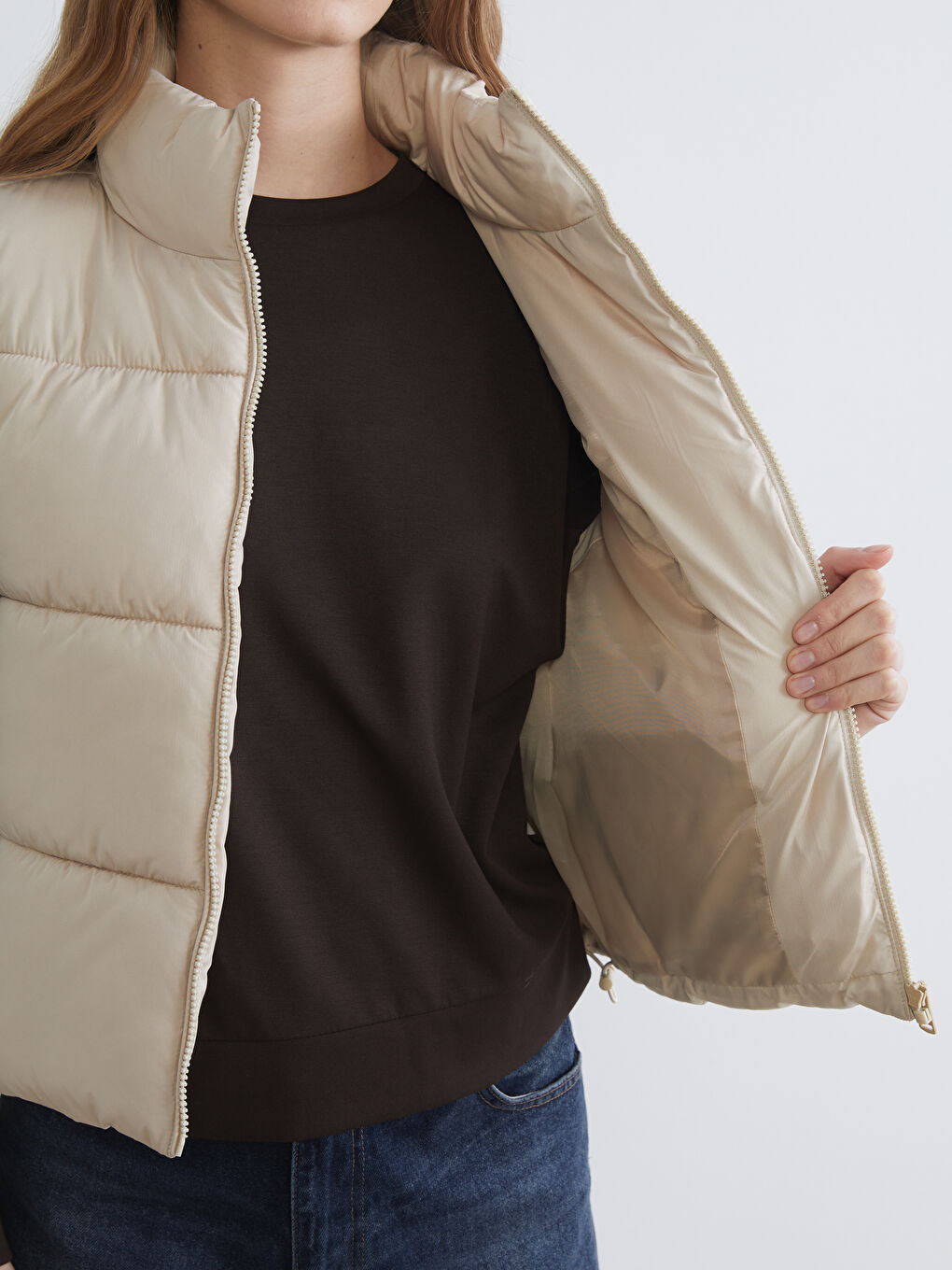 Bej Dik Yaka Kadın Şişme Yelek-3