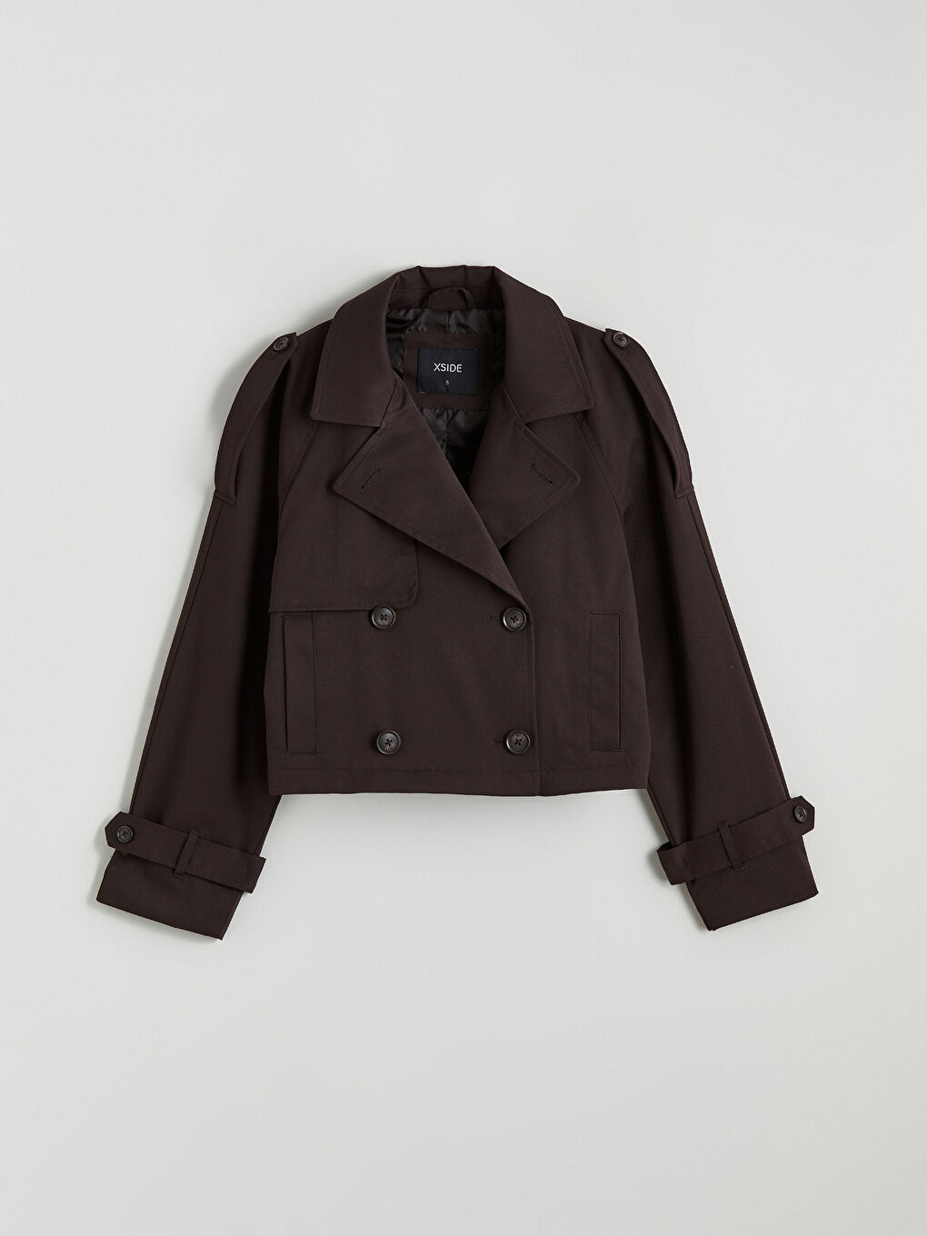 Kahverengi Kruvaze Yaka Crop Kadın Trençkot-5