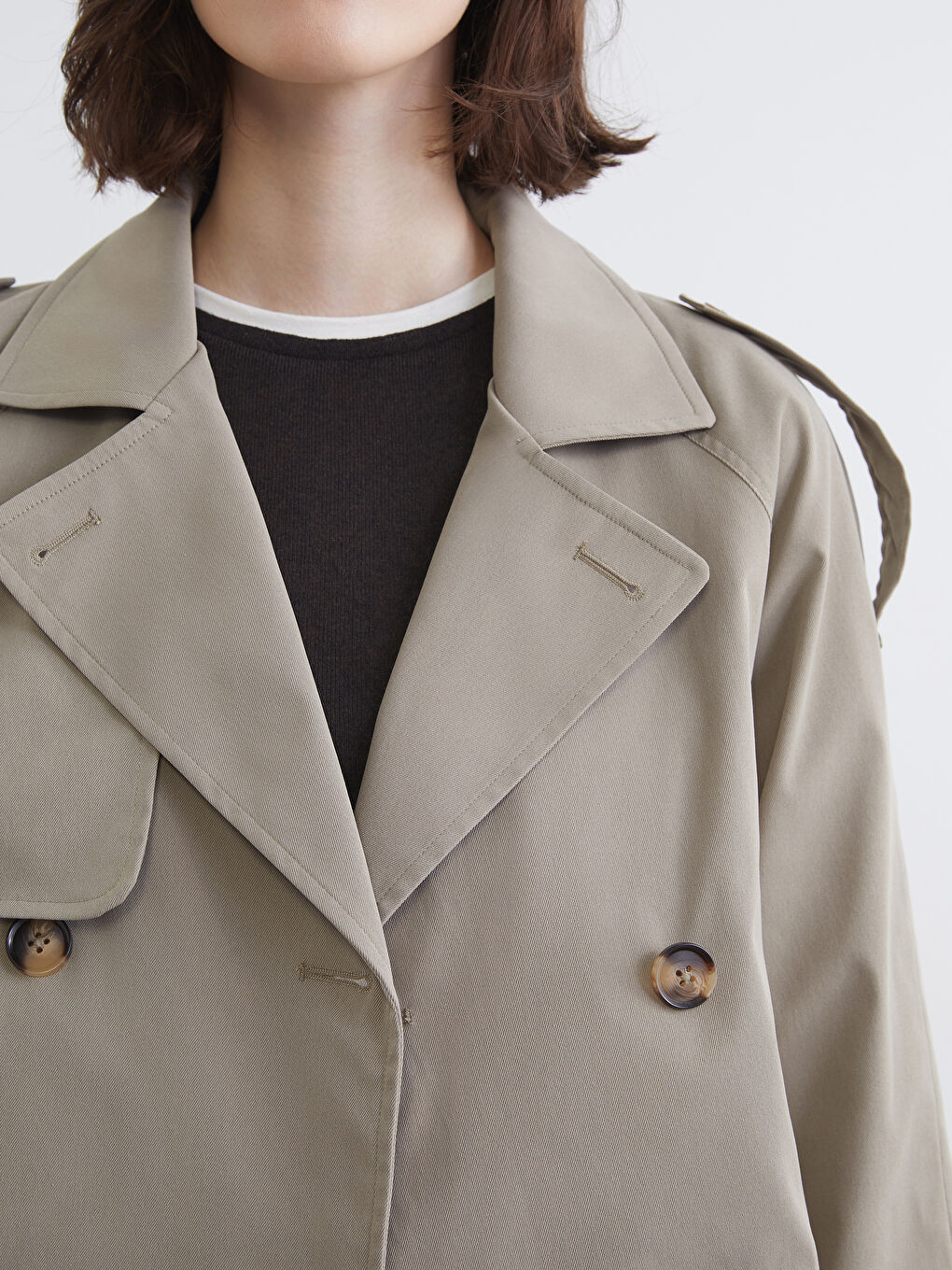 Haki Kruvaze Yaka Crop Kadın Trençkot-2